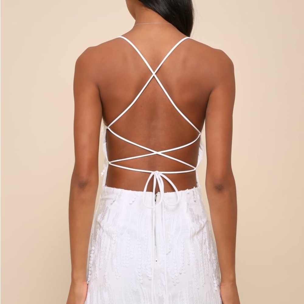 Making Magic White Fringe Lace-Up Mini Dress - Picture 2 of 9